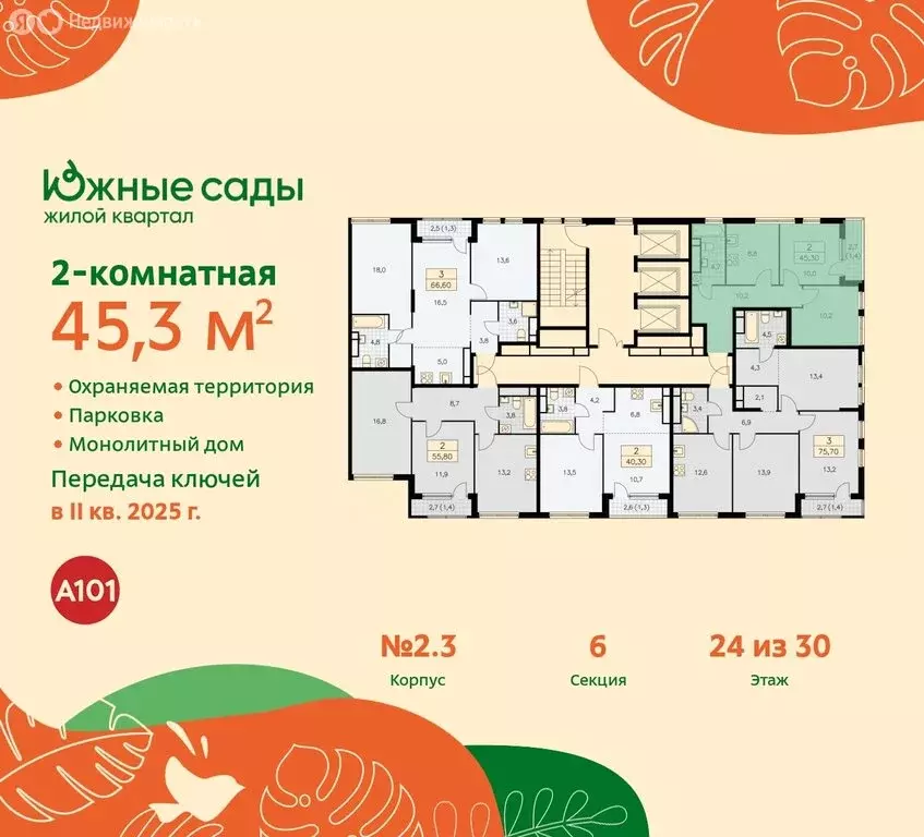 2-комнатная квартира: Москва, жилой комплекс Южные Сады (45.3 м) - Фото 1