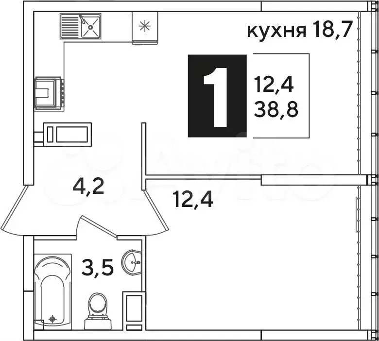 1-к. квартира, 38,8 м, 15/16 эт. - Фото 1