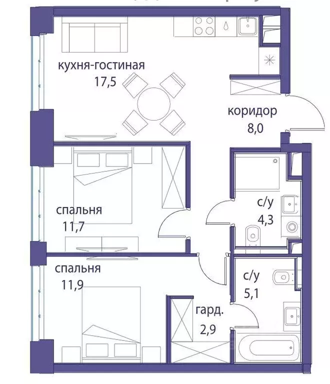 Квартира, 2 комнаты, 61.1 м - Фото 1
