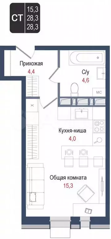 Квартира-студия, 28,3 м, 5/8 эт. - Фото 0