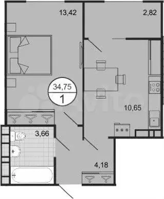 1-к. квартира, 34,8 м, 4/9 эт. - Фото 1