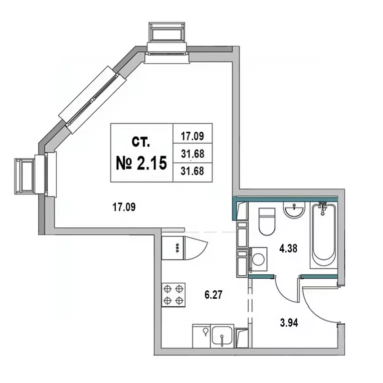 Студия Ленинградская область, Выборг ул. 2-я Южная, 4 (31.68 м) - Фото 1