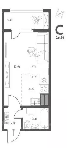 Студия Липецкая область, Липецк ул. Перова, 1 (26.56 м) - Фото 2