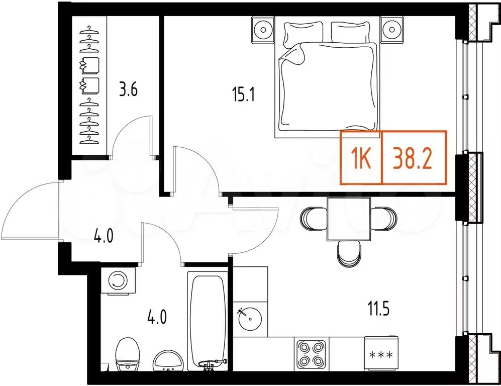 1-к. квартира, 38,2 м, 2/9 эт. - Фото 1