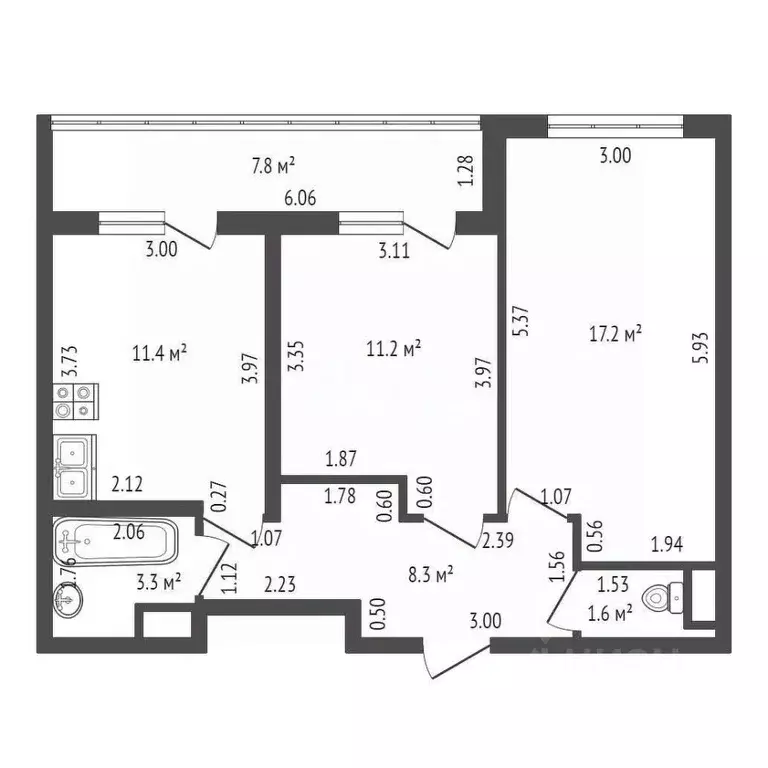 2-к кв. Санкт-Петербург ул. Чирикова, 5 (56.99 м) - Фото 1