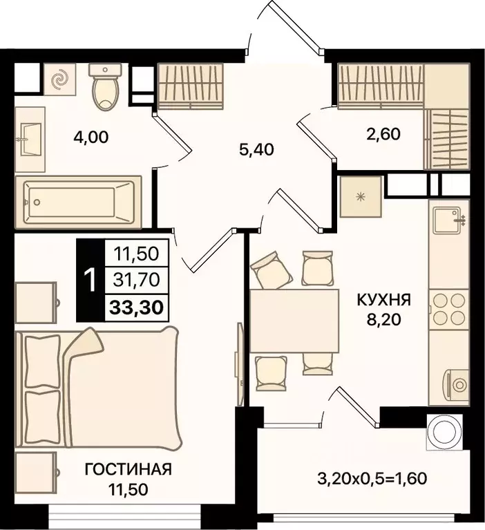 1-к кв. Ростовская область, Ростов-на-Дону просп. Шолохова (33.3 м) - Фото 1