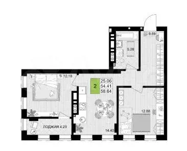 2-к. квартира, 58,6 м, 4/9 эт. - Фото 1