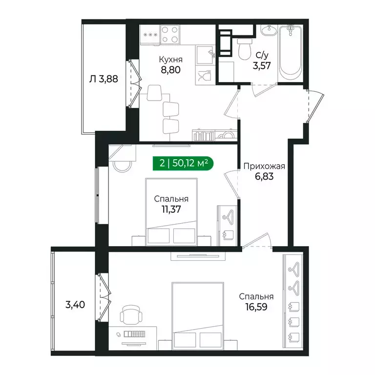 2-комнатная квартира: Сертолово, Центральная улица, 15 (47 м) - Фото 0