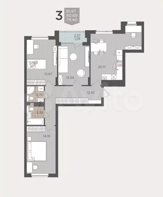 3-к. квартира, 80,7 м, 2/9 эт. - Фото 1