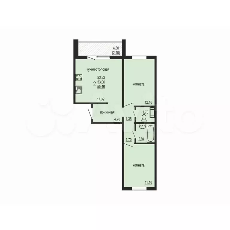 2-к. квартира, 55,5 м, 9/10 эт. - Фото 0