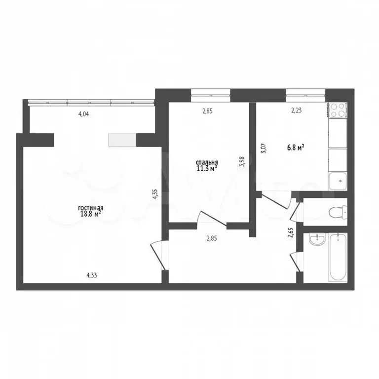 2-к. квартира, 42,9 м, 3/5 эт. - Фото 0