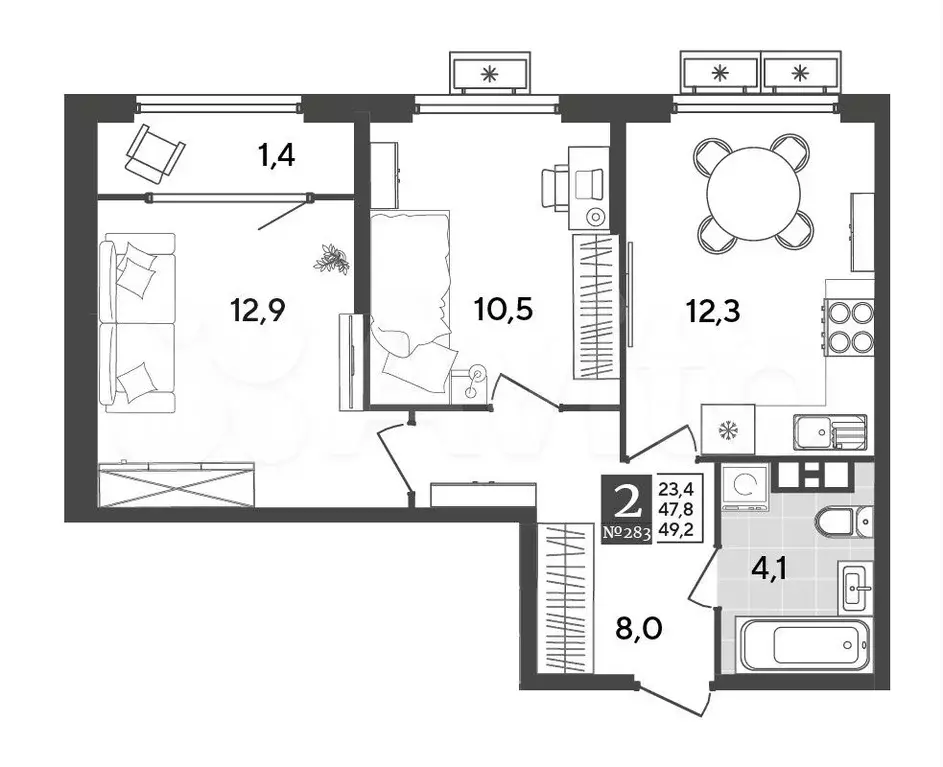 2-к. квартира, 49,2 м, 9/9 эт. - Фото 1