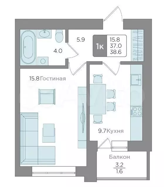 1-к. квартира, 38,6 м, 9/9 эт. - Фото 1