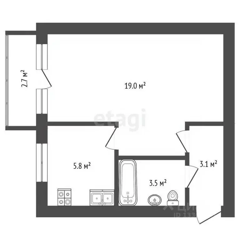 1-к кв. Томская область, Томск Киевская ул., 86В (30.2 м) - Фото 1