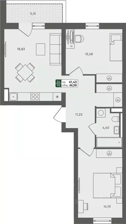 2-к кв. Омская область, Омск Красноярский тракт (66.58 м) - Фото 0