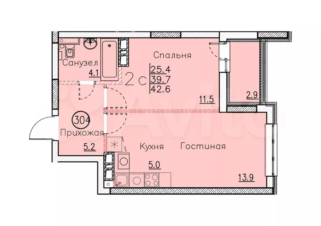 своб. планировка, 42,6 м, 15/25 эт. - Фото 0