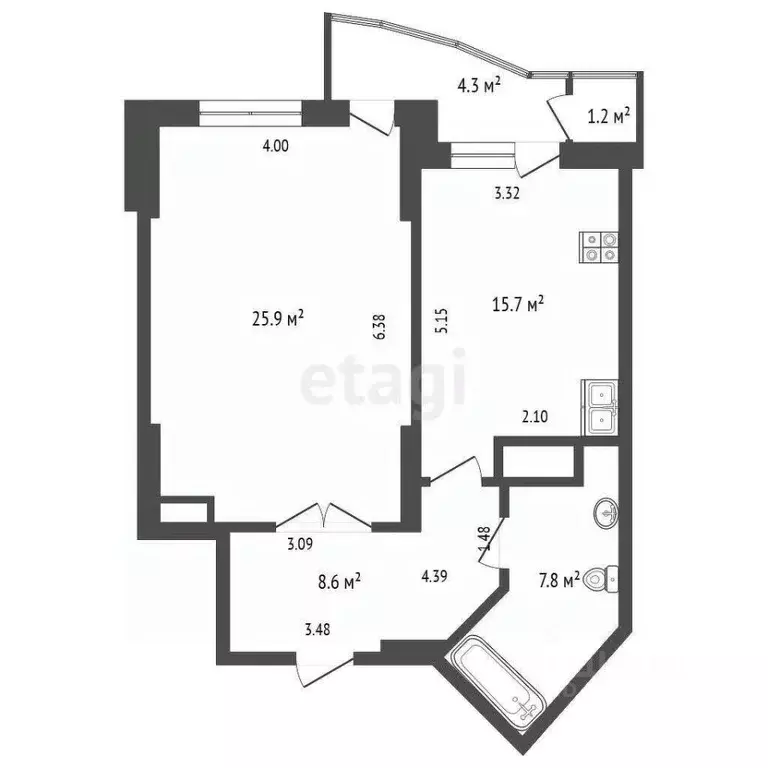 1-к кв. Тюменская область, Тюмень ул. Малыгина, 90 (58.0 м) - Фото 1