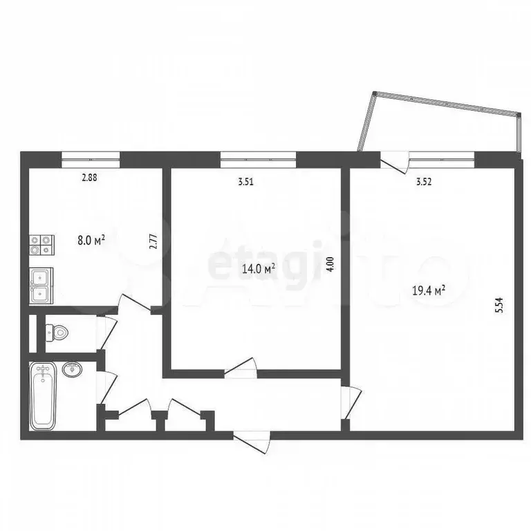 2-к. квартира, 53,1 м, 3/9 эт. - Фото 0