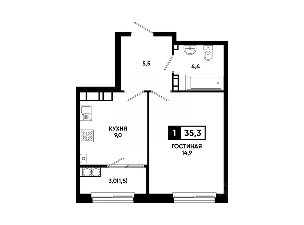 1-к кв. Ставропольский край, Ставрополь ул. Доваторцев, 179В (35.3 м) - Фото 1