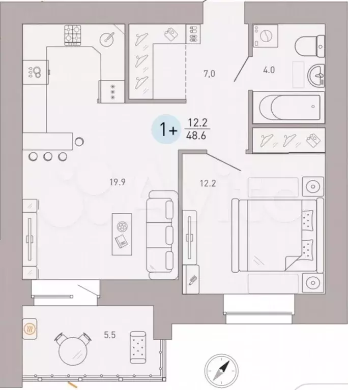1-к. квартира, 48,6 м, 1/9 эт. - Фото 0