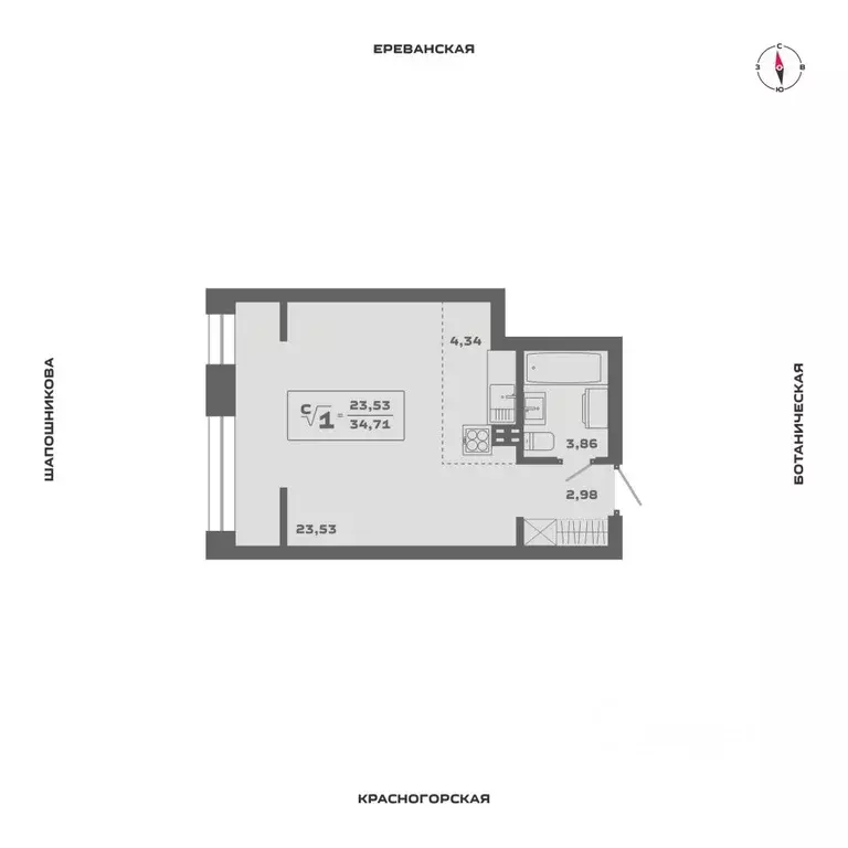 Студия Новосибирская область, Новосибирск Аэропорт мкр,  (34.71 м) - Фото 0