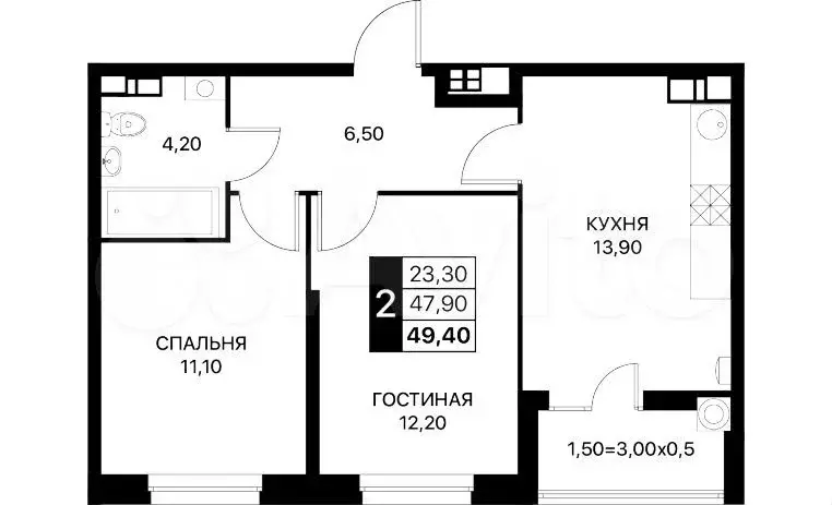 2-к. квартира, 49,4 м, 3/12 эт. - Фото 1