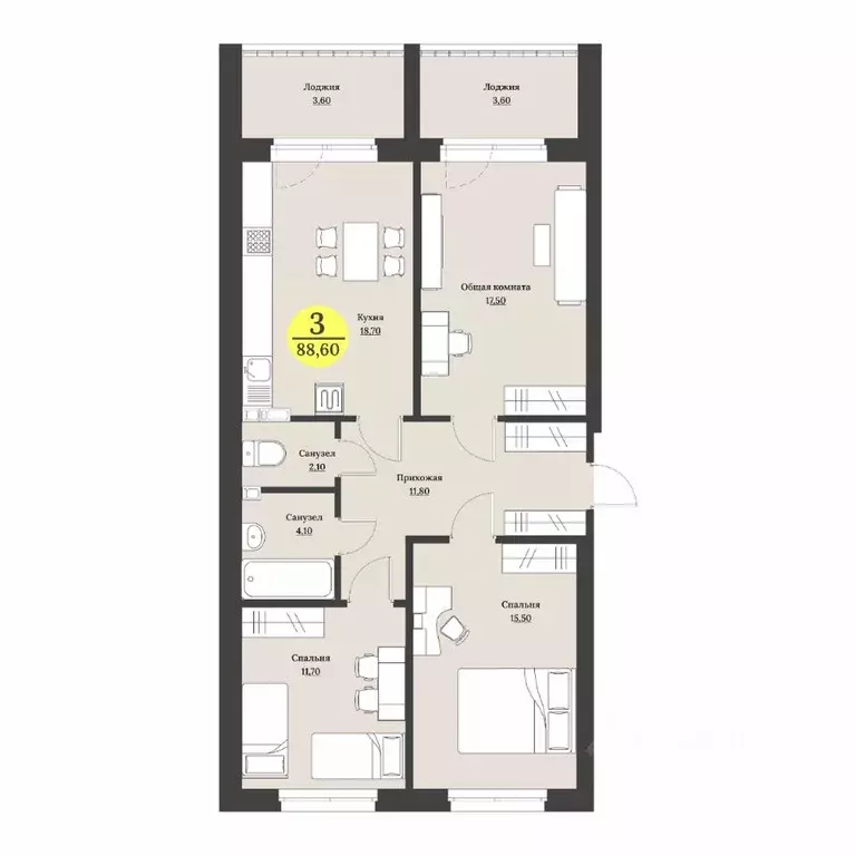 3-к кв. Ставропольский край, Ставрополь Лесная ул., 204 (88.6 м) - Фото 1