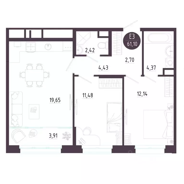 2-к кв. Тульская область, Тула ул. Пряничная, 6 (61.1 м) - Фото 1