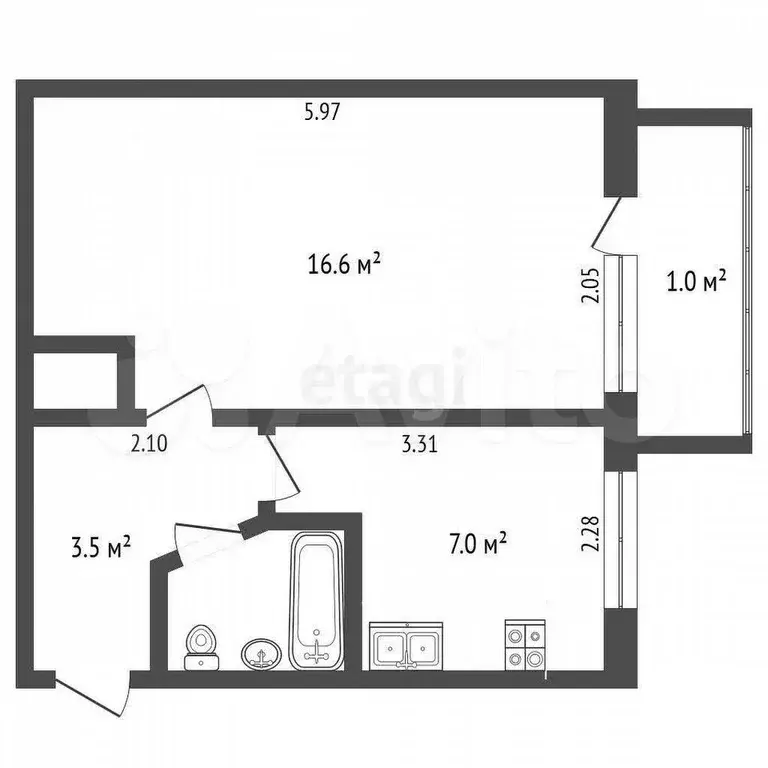 1-к. квартира, 30,9 м, 5/5 эт. - Фото 0
