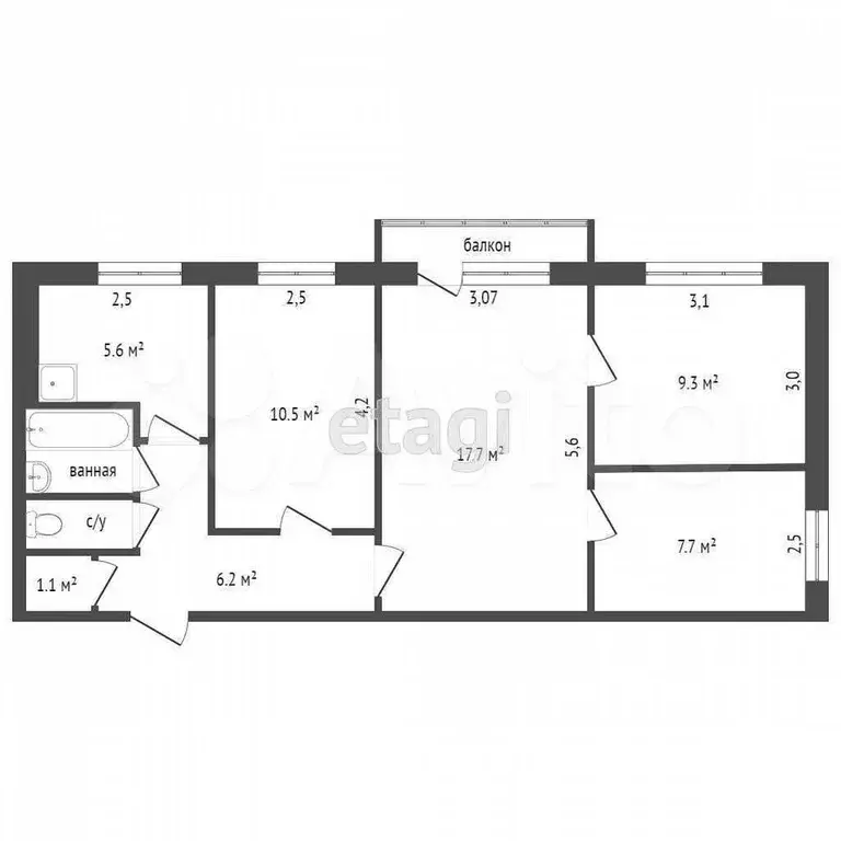 4-к. квартира, 58,8 м, 5/5 эт. - Фото 0