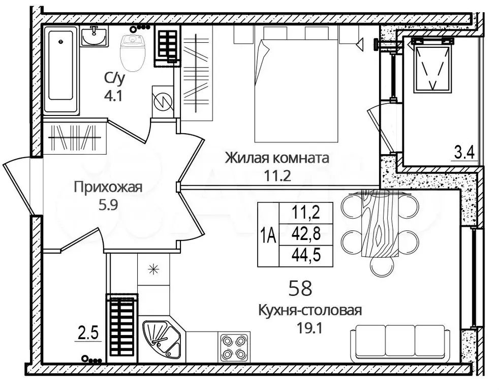 1-к. квартира, 44,5 м, 9/16 эт. - Фото 0