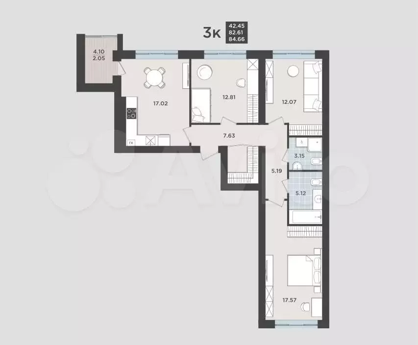 3-к. квартира, 82,6 м, 4/9 эт. - Фото 1