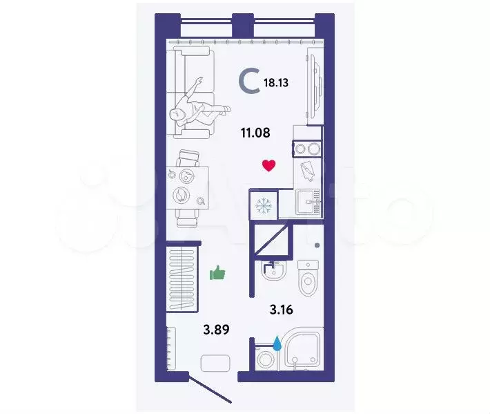 Квартира-студия, 18,1 м, 8/16 эт. - Фото 1