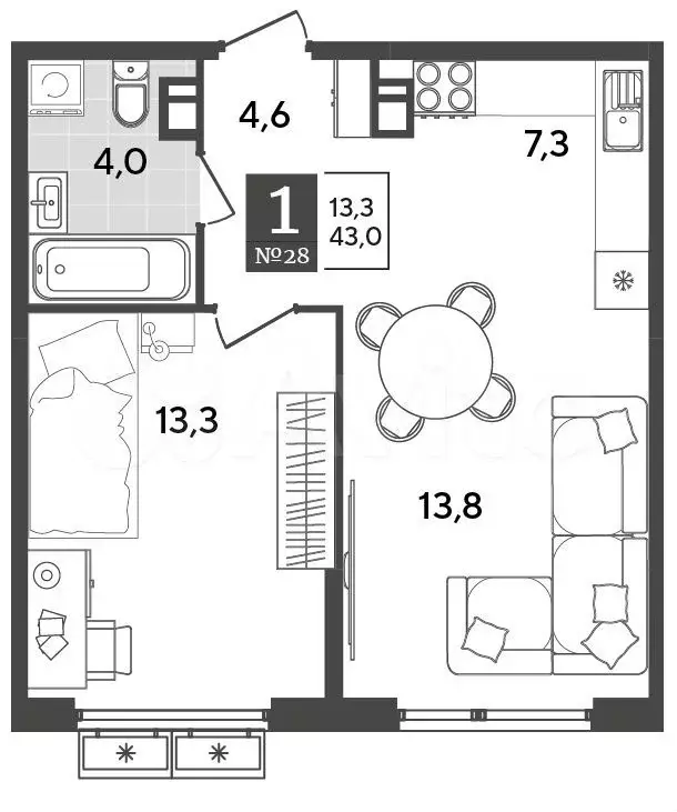 1-к. квартира, 43 м, 6/9 эт. - Фото 1