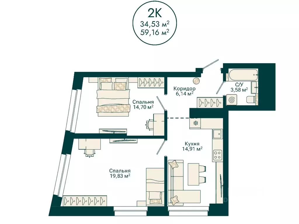 2-к кв. Башкортостан, Уфа Сердце Уфы жилой комплекс (59.16 м) - Фото 1