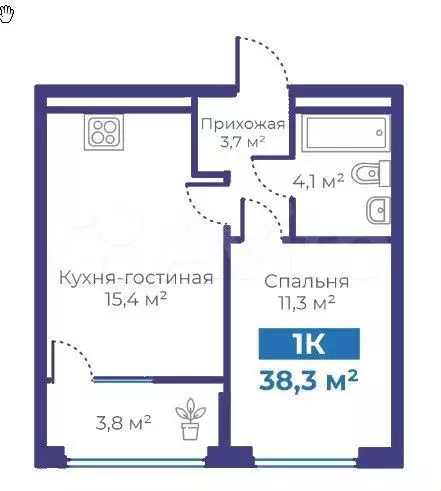 1-к. квартира, 38,3 м, 2/15 эт. - Фото 1