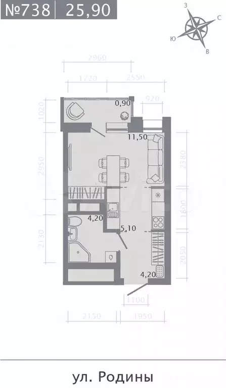 Квартира-студия, 25,9 м, 8/20 эт. - Фото 0