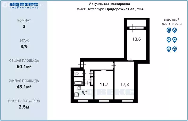 3-комнатная квартира: Санкт-Петербург, Придорожная аллея, 23 (60.1 м) - Фото 1