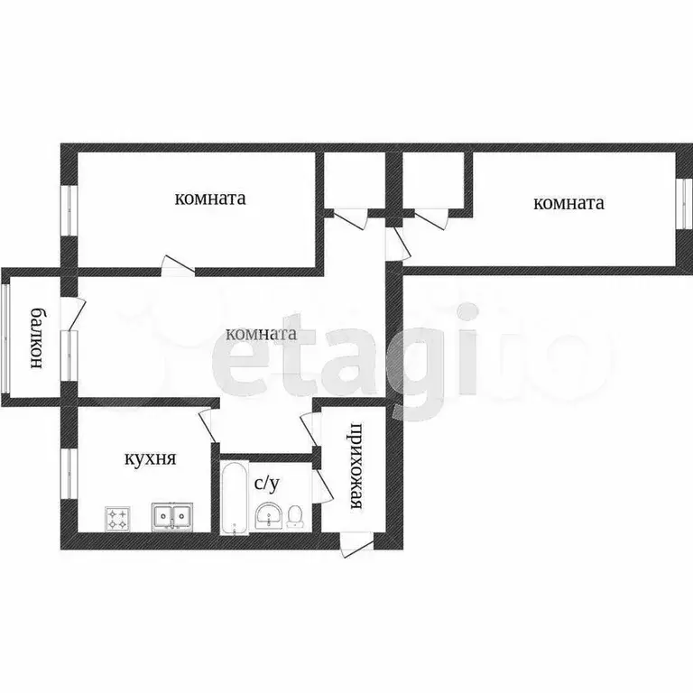 3-к. квартира, 59,4 м, 3/3 эт. - Фото 0