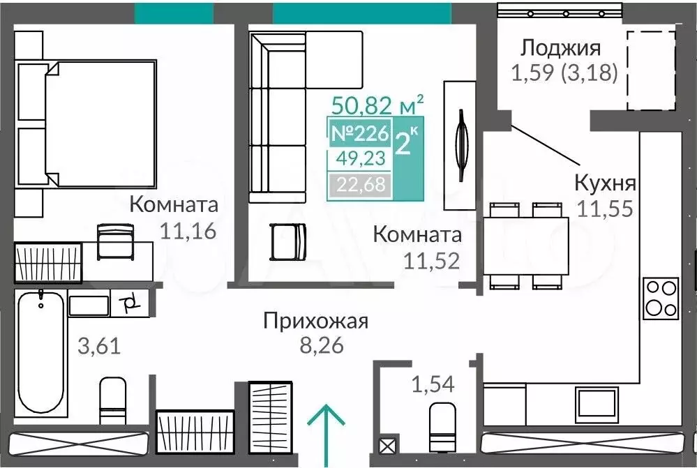 2-к. квартира, 49,2м, 6/9эт. - Фото 0