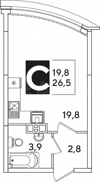 Квартира-студия, 26,5м, 6/16эт. - Фото 1