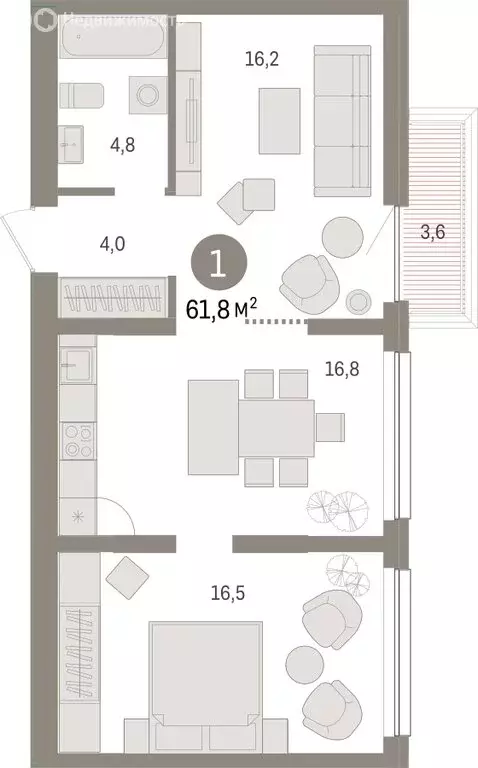 1-комнатная квартира: Тюмень, Мысовская улица, 26к1 (61.84 м) - Фото 1