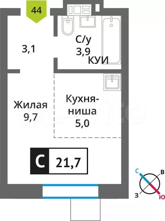 1-к. квартира, 21,7 м, 8/9 эт. - Фото 0