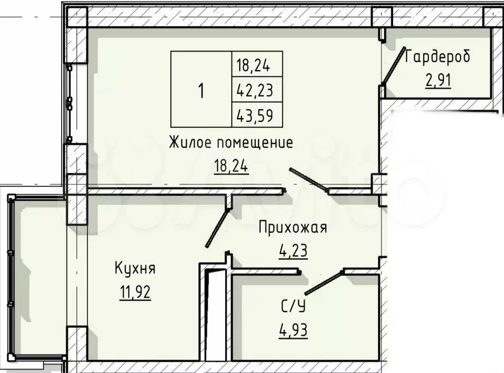 1-к. квартира, 43,6 м, 6/8 эт. - Фото 1