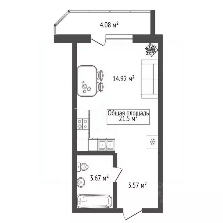 Студия Новосибирская область, Новосибирск Беловежская ул., 4/1 (21.5 ... - Фото 2