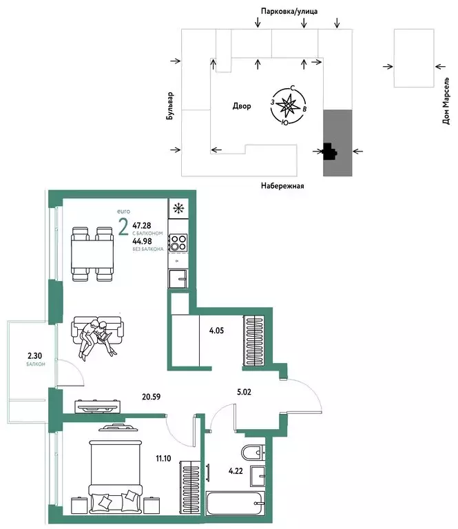 2-комнатная квартира: Тюмень, Береговая улица, 100к2 (47.28 м) - Фото 1