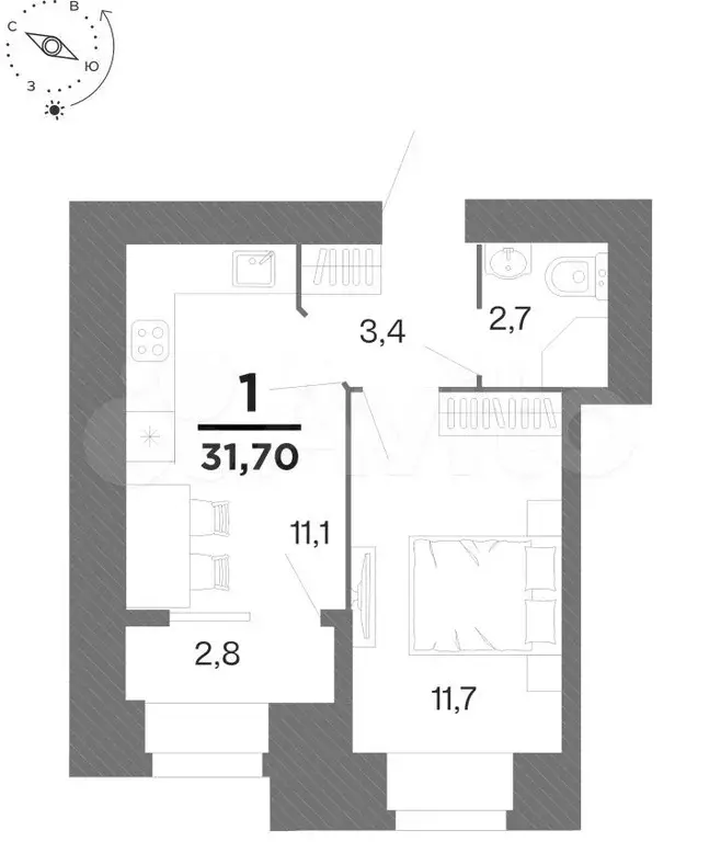 1-к. квартира, 31,7 м, 13/16 эт. - Фото 0