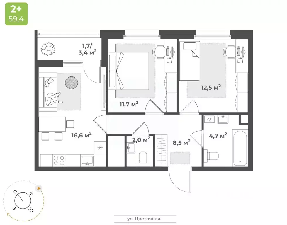 2-к кв. Тверская область, Тверь Соминка мкр,  (57.7 м) - Фото 1