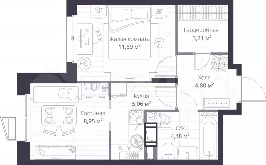 1-к. квартира, 38,1 м, 4/11 эт. - Фото 0