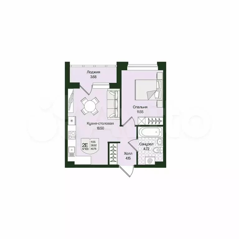 1-к. квартира, 40,8 м, 1/4 эт. - Фото 0